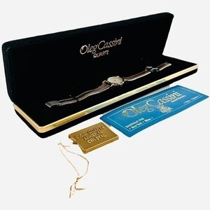 NIB VNTG OLEG CASSINI Designer’s Silver Gold Tone Stainless Steel Women’s Watch